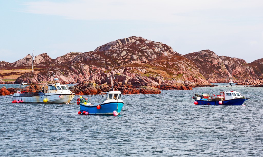 Rocky islands and boats from isle of Mull ferry terminal,